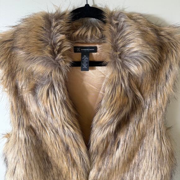 Faux Fur Vest SZ M/L Brown Tan Mob Wife Fury Fuzzy Pockets - Picture 4 of 8